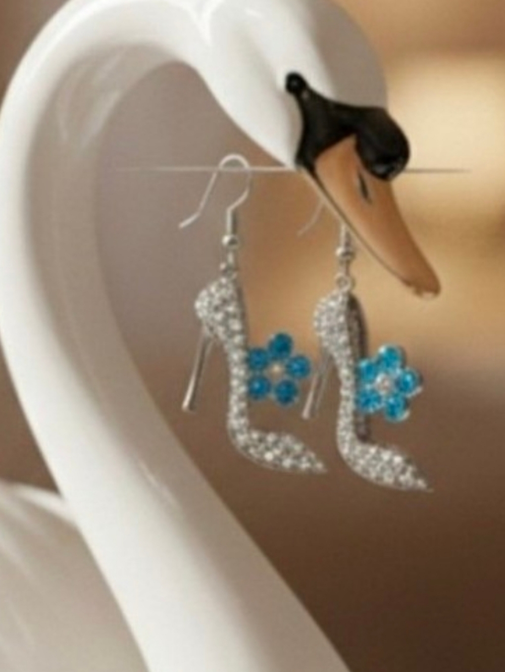 Crystal High Heel Dangle Earrings with Blue Flower Accent